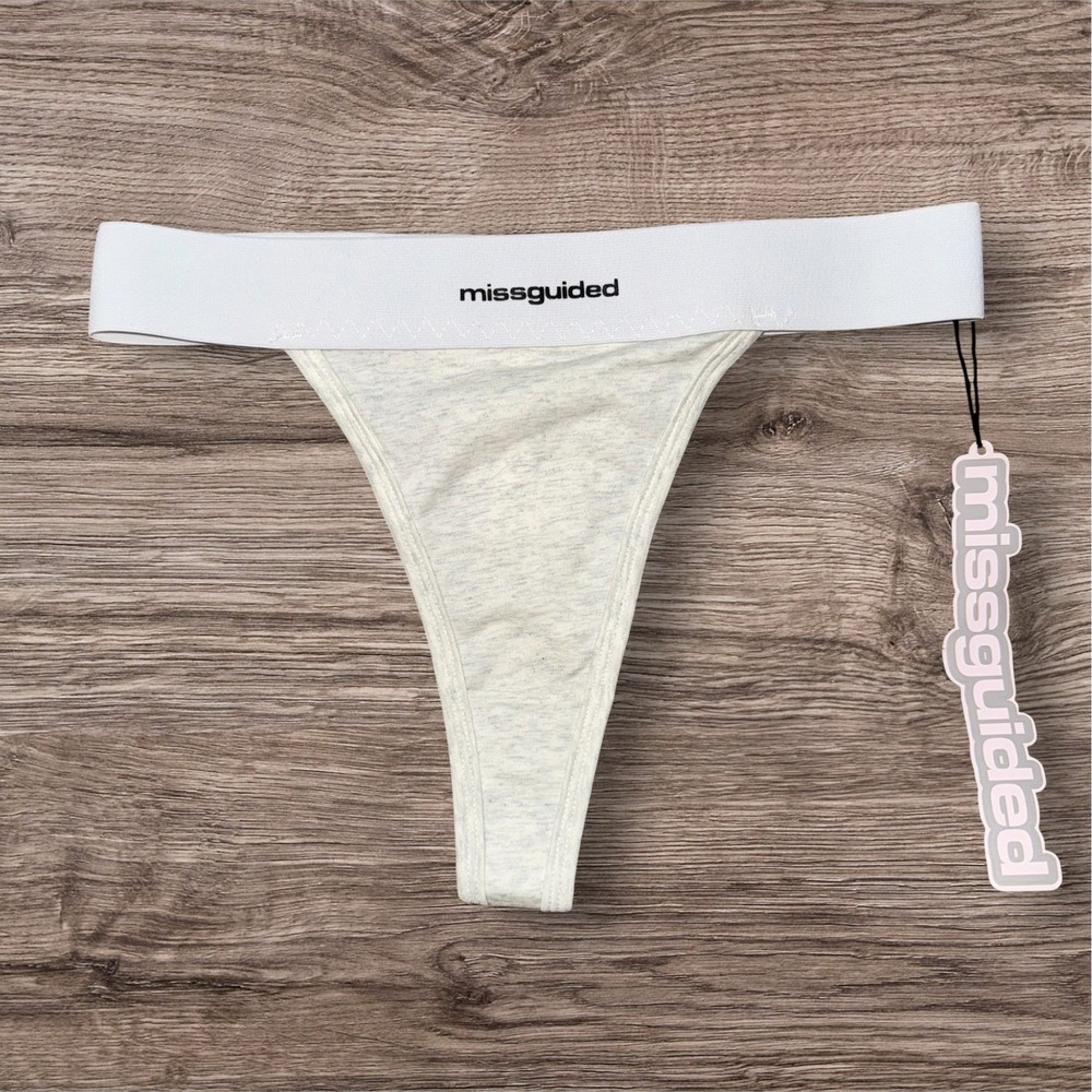 XS Missguided Thong Panties Women's Underwear Heather Gray White Waistband New